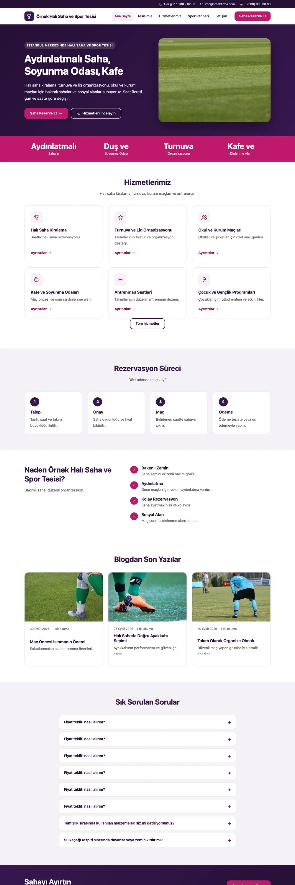Halı Saha ve Spor Tesisi Pro WordPress Teması ana sayfa önizlemesi