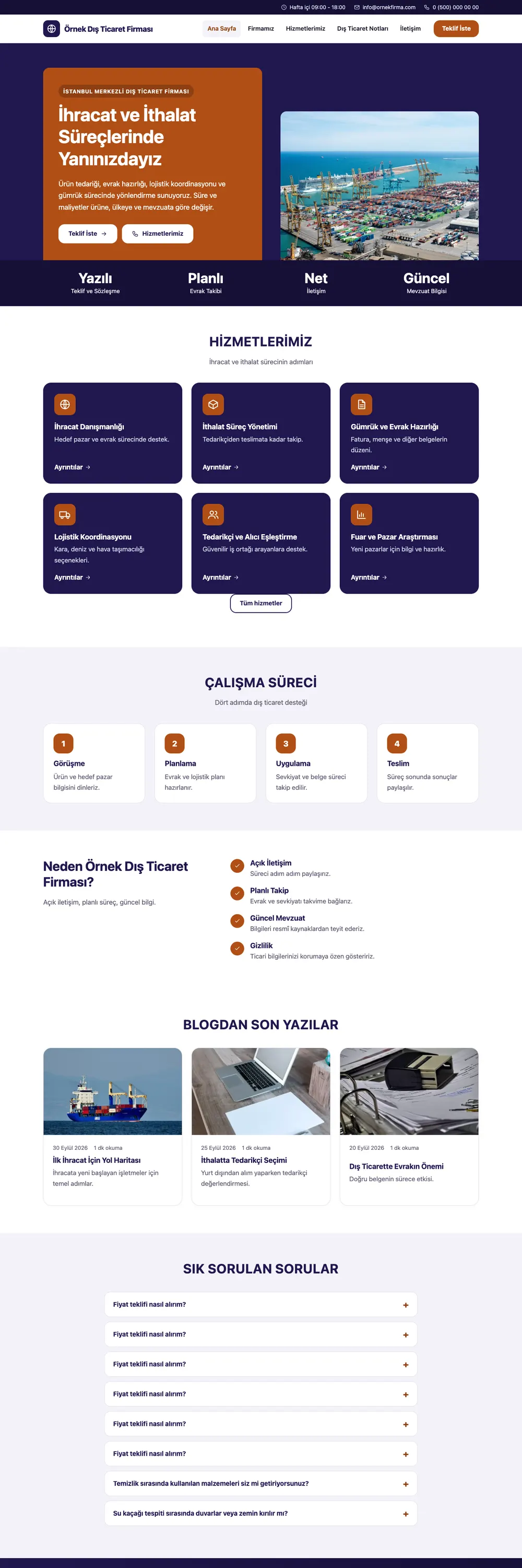 İhracat ve İthalat Pro WordPress Teması ana sayfa önizlemesi