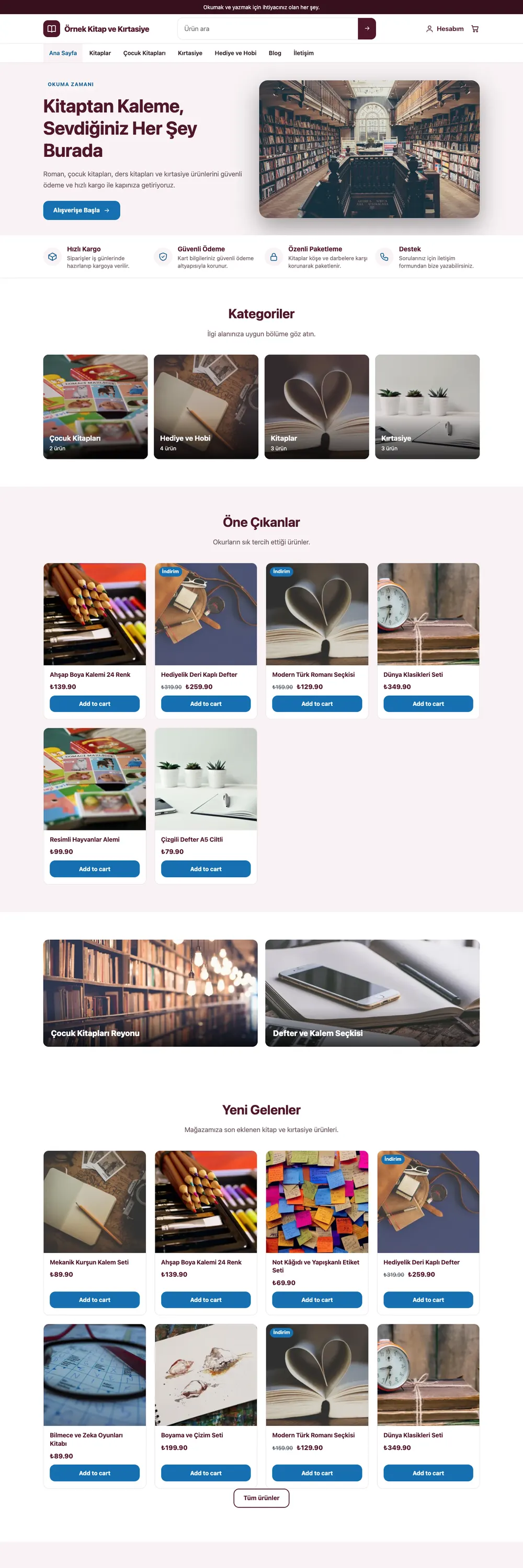 Kitap ve Kırtasiye Mağazası Mağaza Pro WordPress Teması (WooCommerce) ana sayfa önizlemesi