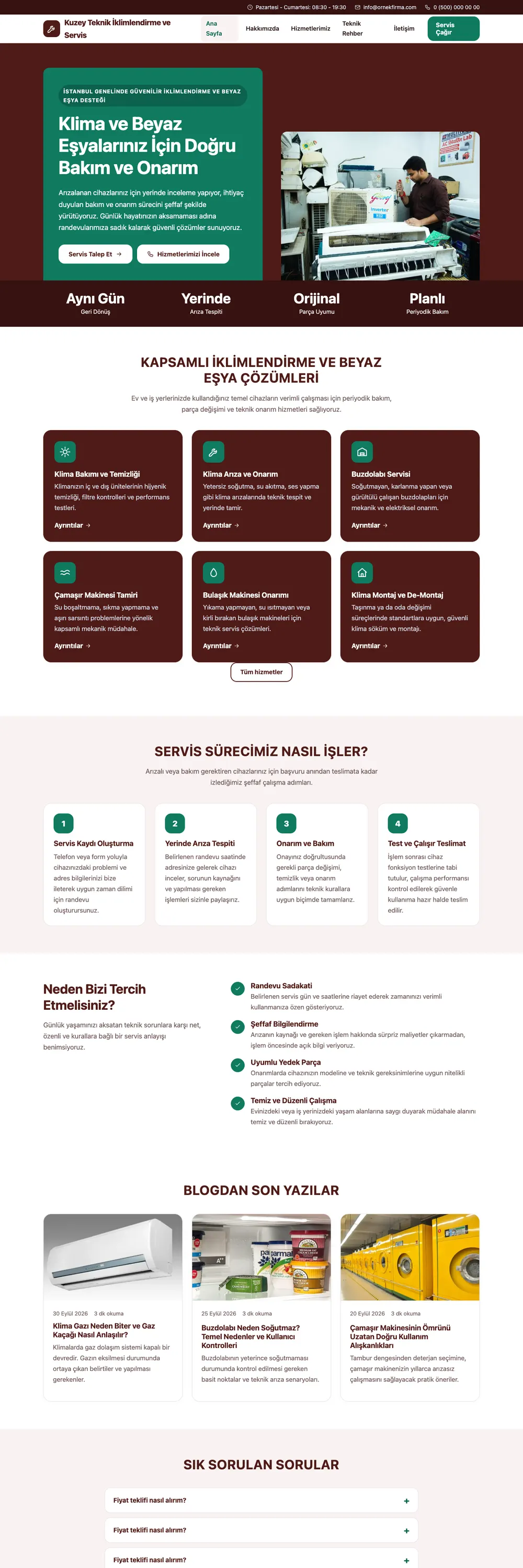 Klima ve Beyaz Eşya Servisi Pro WordPress Teması ana sayfa önizlemesi