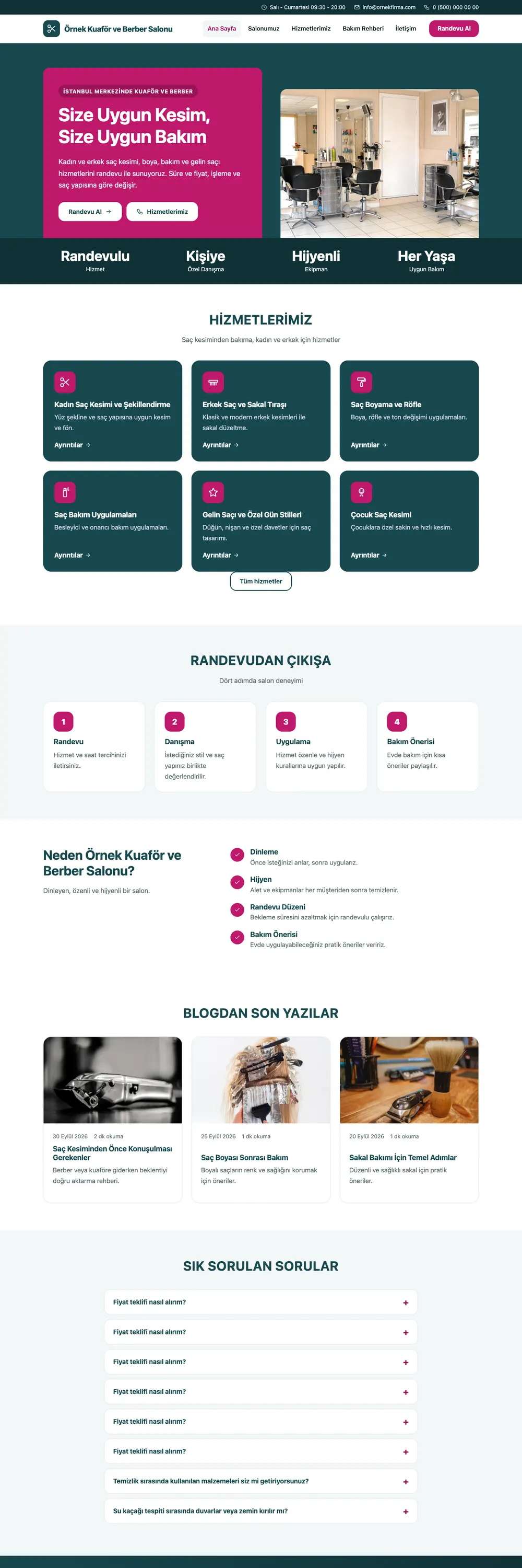 Kuaför ve Berber Pro WordPress Teması ana sayfa önizlemesi