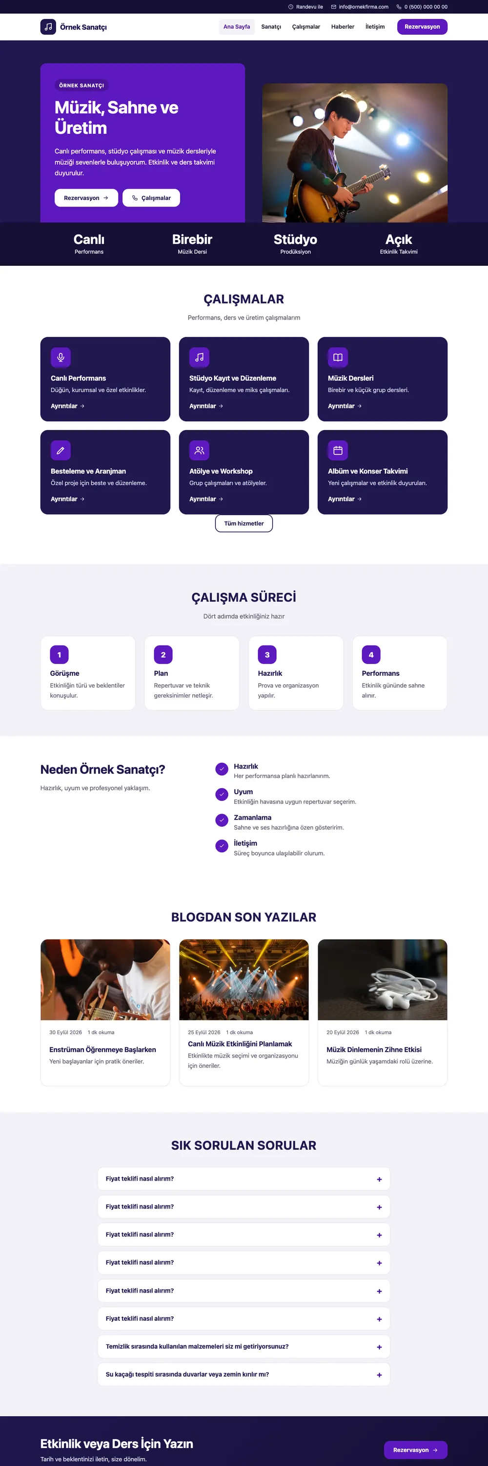 Sanatçı ve Müzisyen Pro WordPress Teması ana sayfa önizlemesi