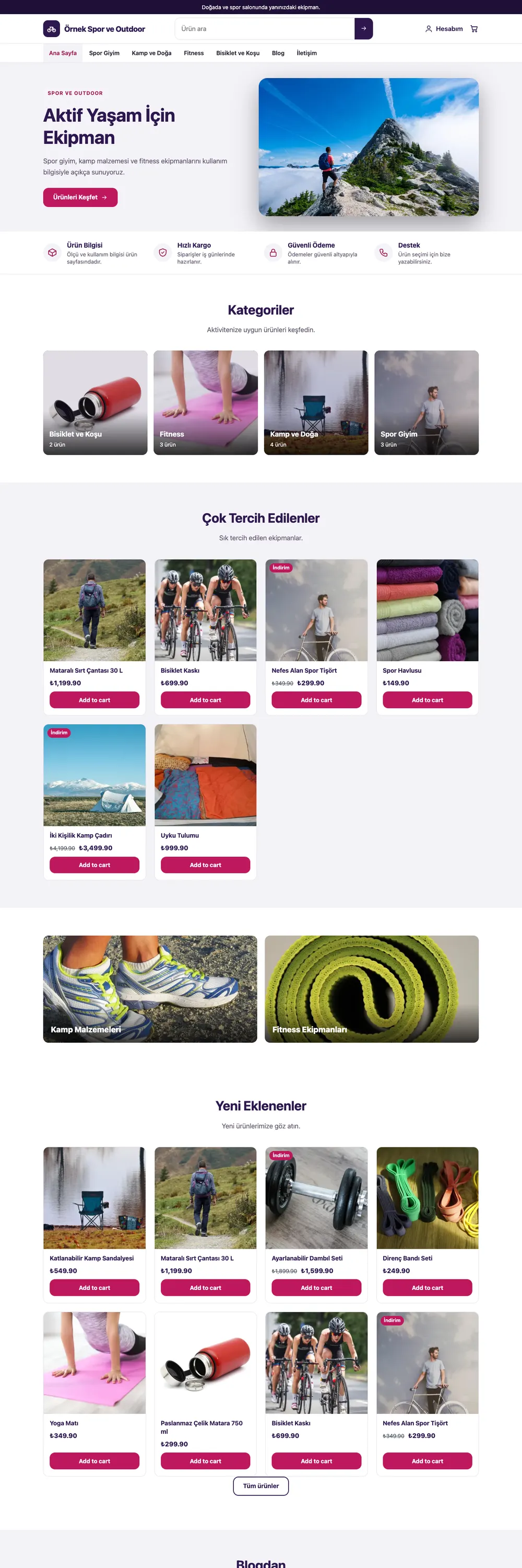 Spor ve Outdoor Mağaza Pro WordPress Teması (WooCommerce) ana sayfa önizlemesi