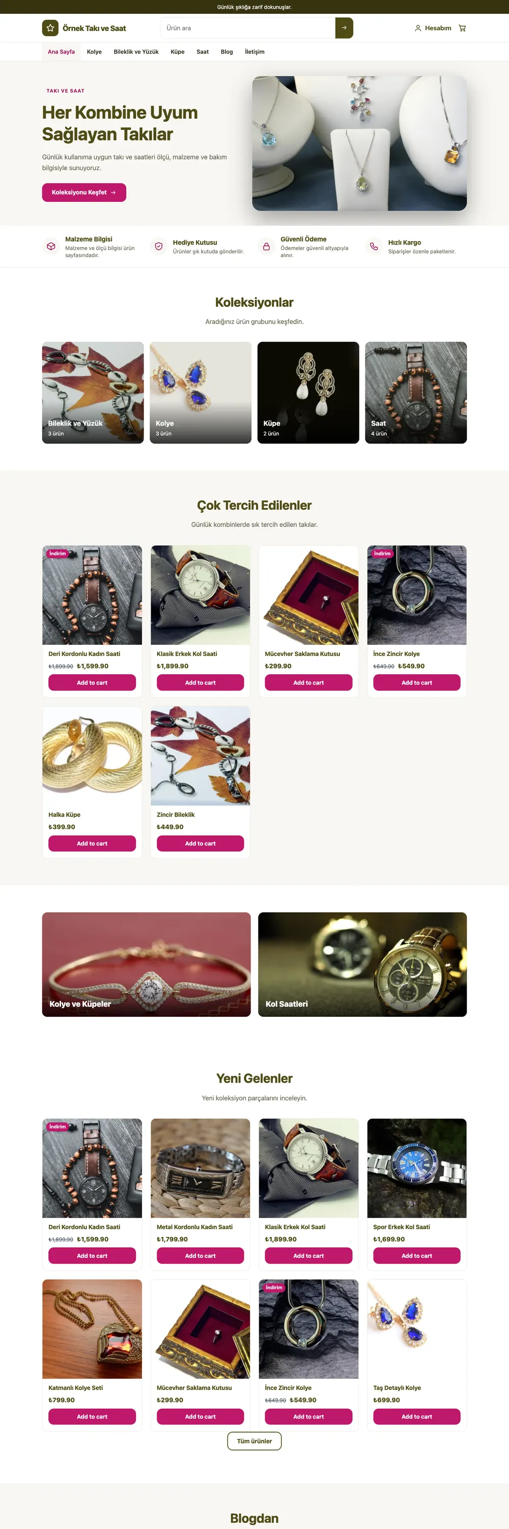 Takı ve Saat Mağaza Pro WordPress Teması (WooCommerce) ana sayfa önizlemesi