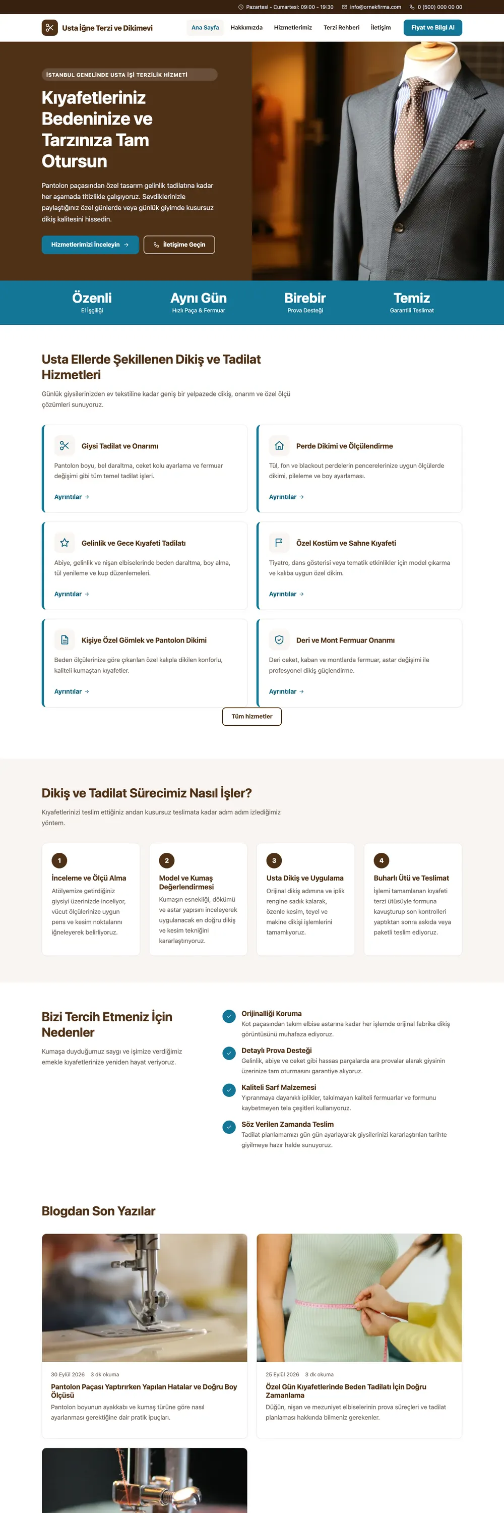 Terzi ve Tadilat Pro WordPress Teması ana sayfa önizlemesi