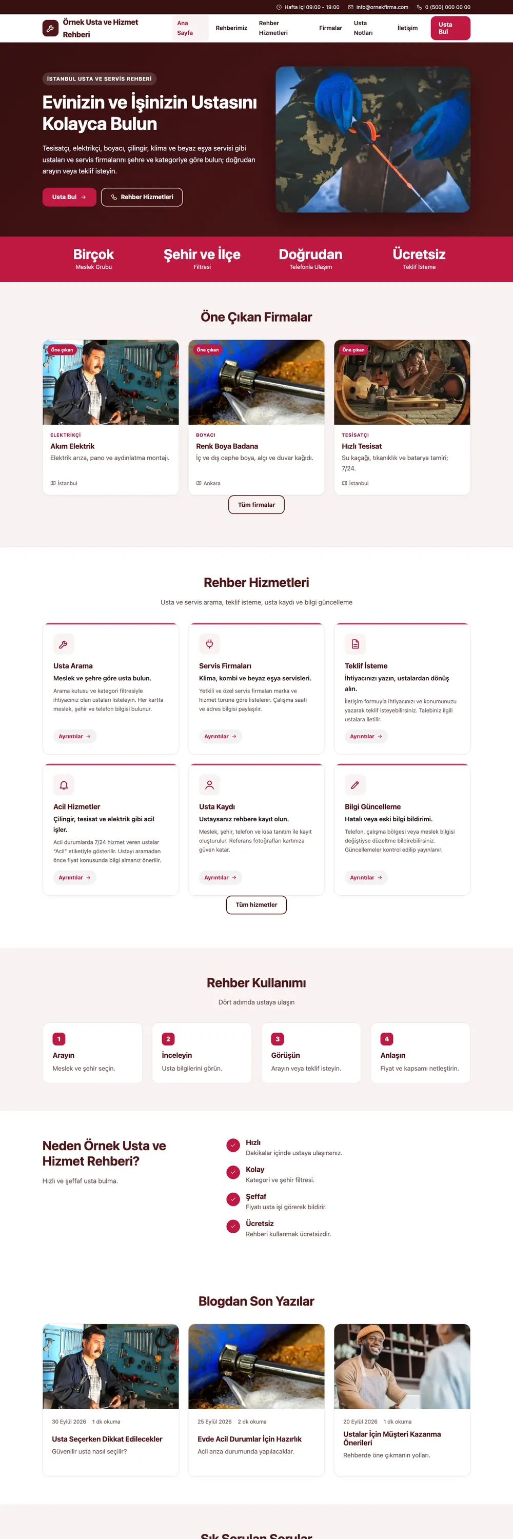 Usta ve Hizmet Rehberi Pro WordPress Teması ana sayfa önizlemesi