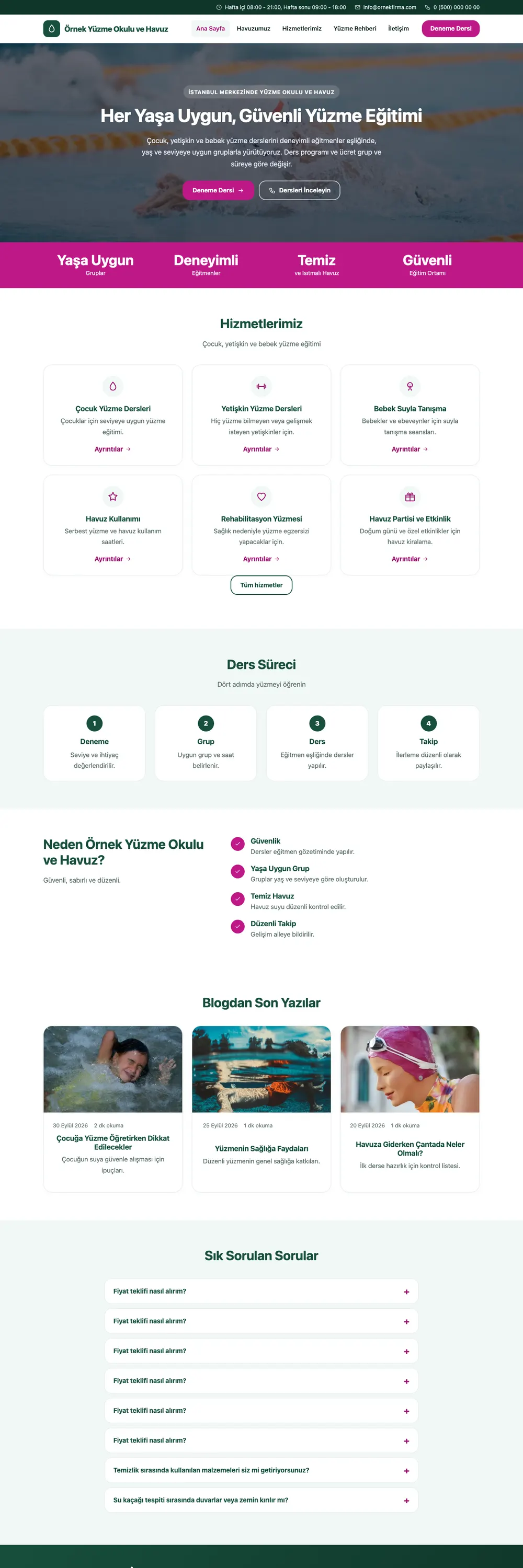 Yüzme Okulu ve Havuz Pro WordPress Teması