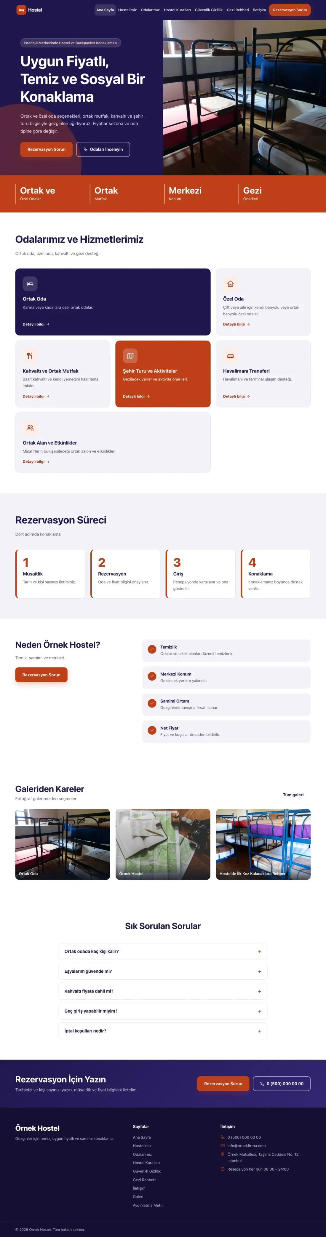 Hostel ve Backpacker için Blok Lacivert Turuncu – Hostel ve Backpacker Web Sitesi ana sayfa görünümü