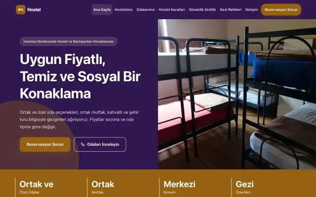 Hostel ve Backpacker için Blok Mor Turuncu – Hostel ve Backpacker Web Sitesi ana sayfa görünümü
