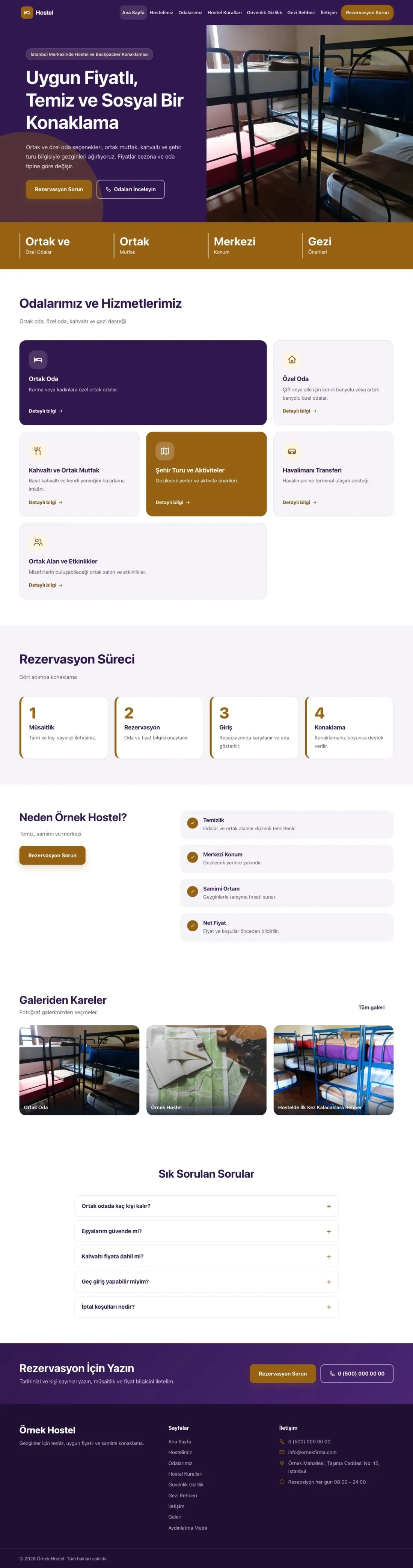 Hostel ve Backpacker için Blok Mor Turuncu – Hostel ve Backpacker Web Sitesi ana sayfa görünümü
