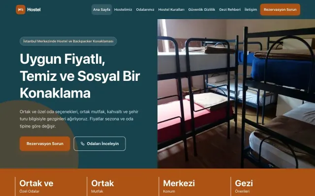 Hostel ve Backpacker için Blok Petrol Turuncu – Hostel ve Backpacker Web Sitesi ana sayfa görünümü