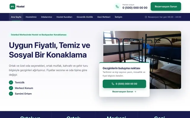 Hostel ve Backpacker için Bölünmüş Lacivert Turkuaz – Hostel ve Backpacker Web Sitesi ana sayfa görünümü