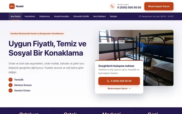 Hostel ve Backpacker için Bölünmüş Lacivert Turuncu – Hostel ve Backpacker Web Sitesi ana sayfa görünümü