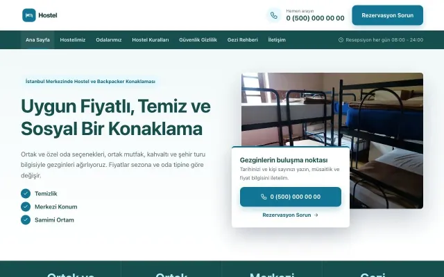 Hostel ve Backpacker için Bölünmüş Petrol Turkuaz – Hostel ve Backpacker Web Sitesi ana sayfa görünümü