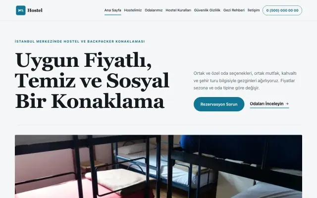 Hostel ve Backpacker için Dergi Editoryal Mavi Turkuaz – Hostel ve Backpacker Web Sitesi ana sayfa görünümü