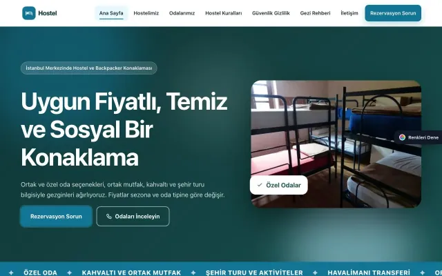 Hostel ve Backpacker için Hareketli Petrol Turkuaz – Hostel ve Backpacker Web Sitesi ana sayfa görünümü