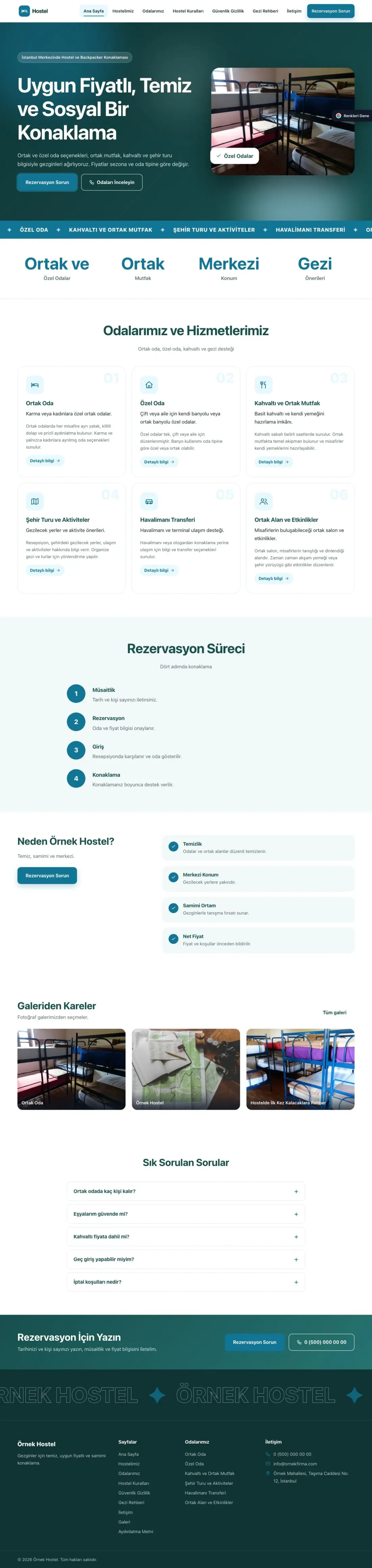 Hostel ve Backpacker için Hareketli Petrol Turkuaz – Hostel ve Backpacker Web Sitesi ana sayfa görünümü