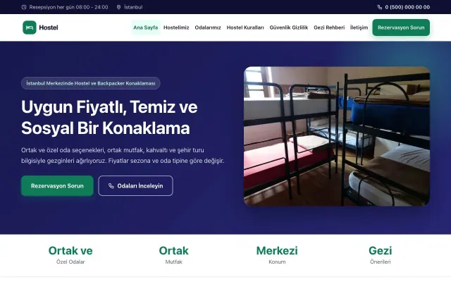 Hostel ve Backpacker için Klasik Lacivert Turkuaz – Hostel ve Backpacker Web Sitesi ana sayfa görünümü