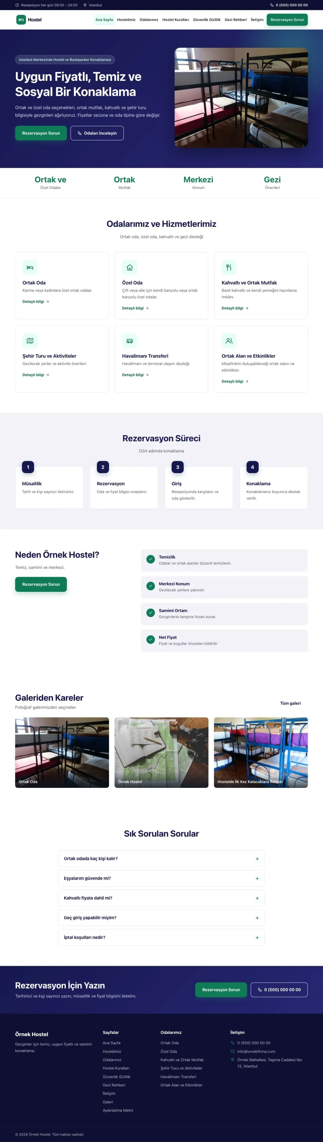 Hostel ve Backpacker için Klasik Lacivert Turkuaz – Hostel ve Backpacker Web Sitesi ana sayfa görünümü