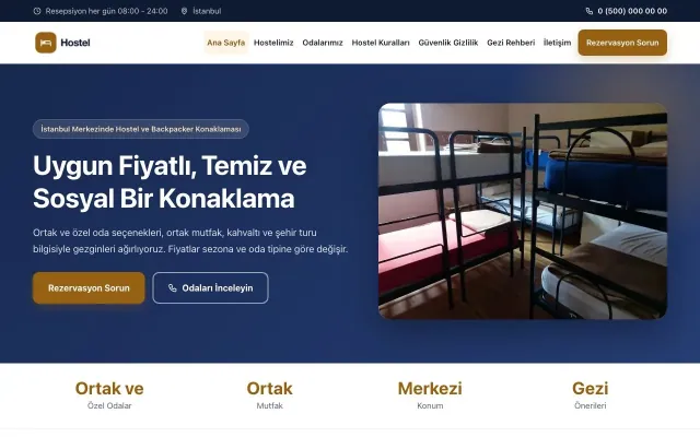Hostel ve Backpacker için Klasik Mavi Turuncu – Hostel ve Backpacker Web Sitesi ana sayfa görünümü