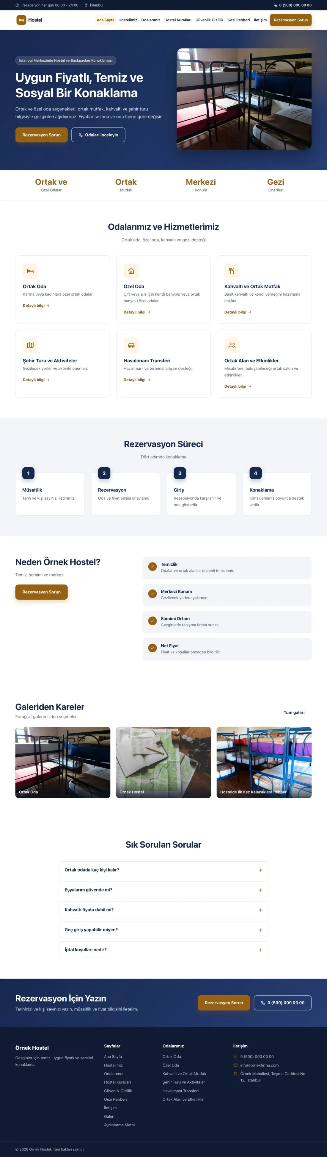 Hostel ve Backpacker için Klasik Mavi Turuncu – Hostel ve Backpacker Web Sitesi ana sayfa görünümü