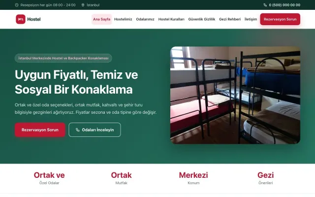 Hostel ve Backpacker için Klasik Petrol Kırmızı – Hostel ve Backpacker Web Sitesi ana sayfa görünümü