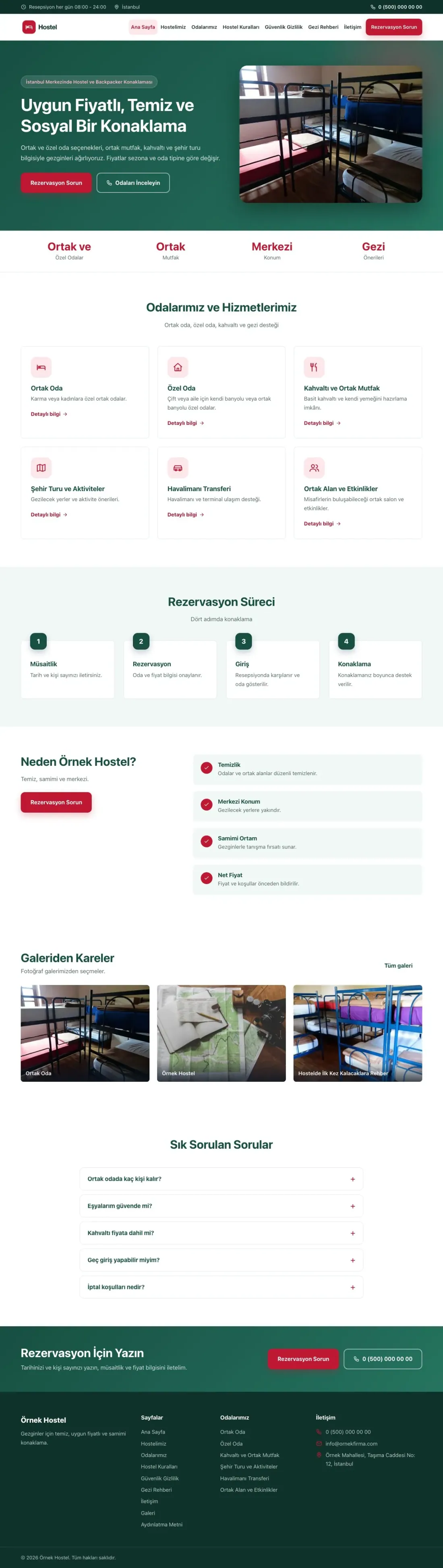 Hostel ve Backpacker için Klasik Petrol Kırmızı – Hostel ve Backpacker Web Sitesi ana sayfa görünümü