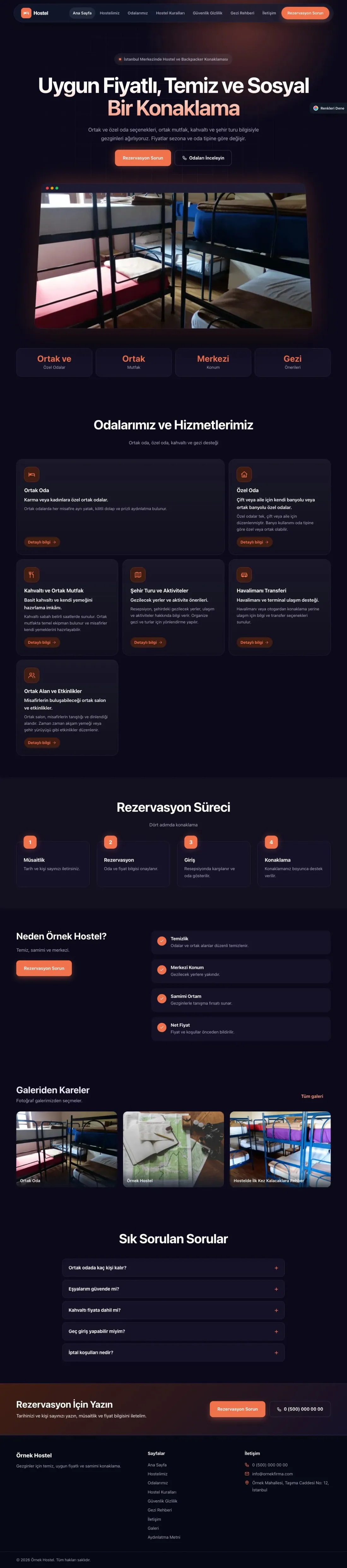 Hostel ve Backpacker için Koyu Modern Lacivert Turuncu – Hostel ve Backpacker Web Sitesi ana sayfa görünümü