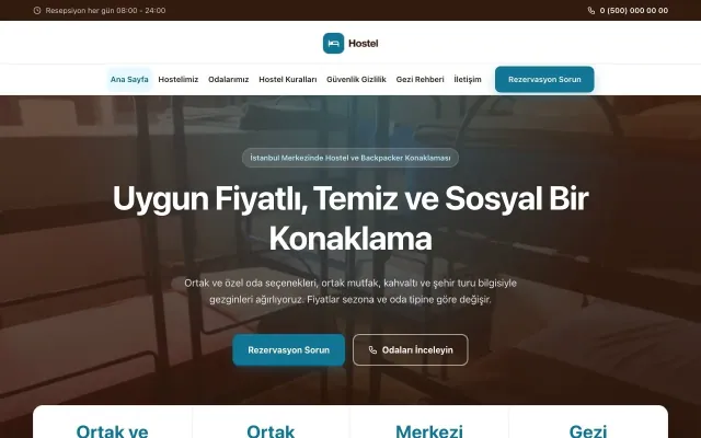 Hostel ve Backpacker için Merkez Kahve Turkuaz – Hostel ve Backpacker Web Sitesi ana sayfa görünümü