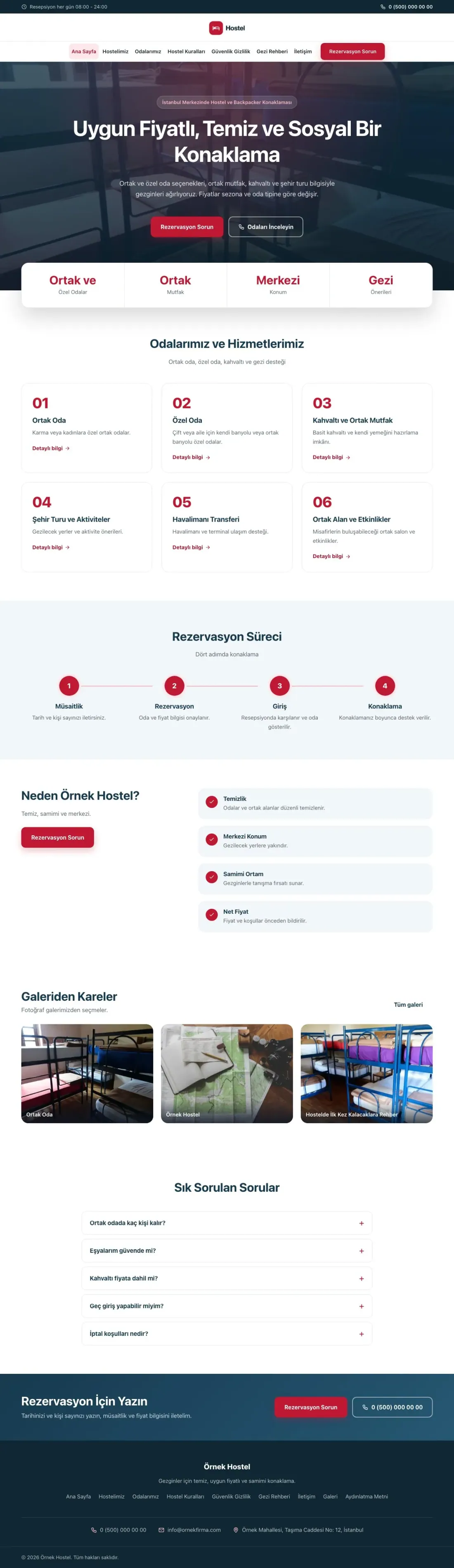 Hostel ve Backpacker için Merkez Mavi Kırmızı – Hostel ve Backpacker Web Sitesi ana sayfa görünümü
