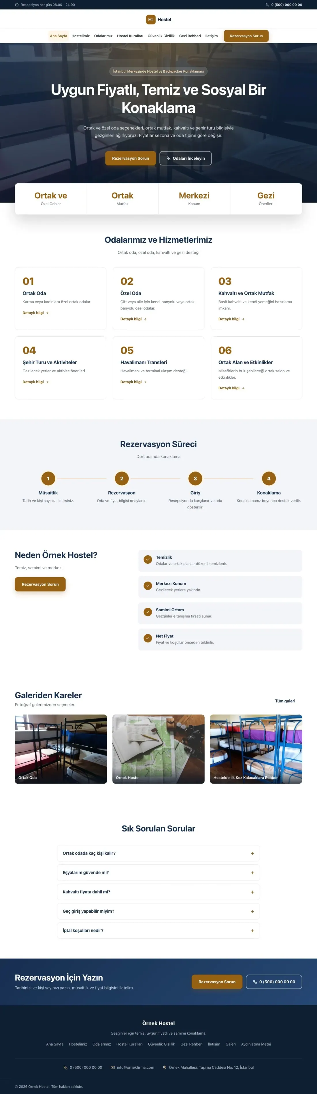 Hostel ve Backpacker için Merkez Mavi Turuncu – Hostel ve Backpacker Web Sitesi ana sayfa görünümü