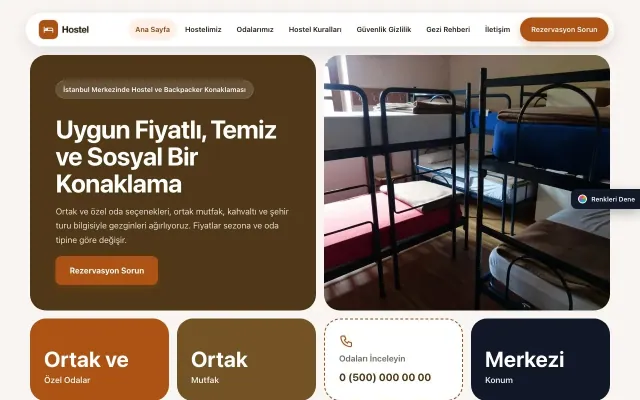 Hostel ve Backpacker için Mozaik Kahve Turuncu – Hostel ve Backpacker Web Sitesi ana sayfa görünümü