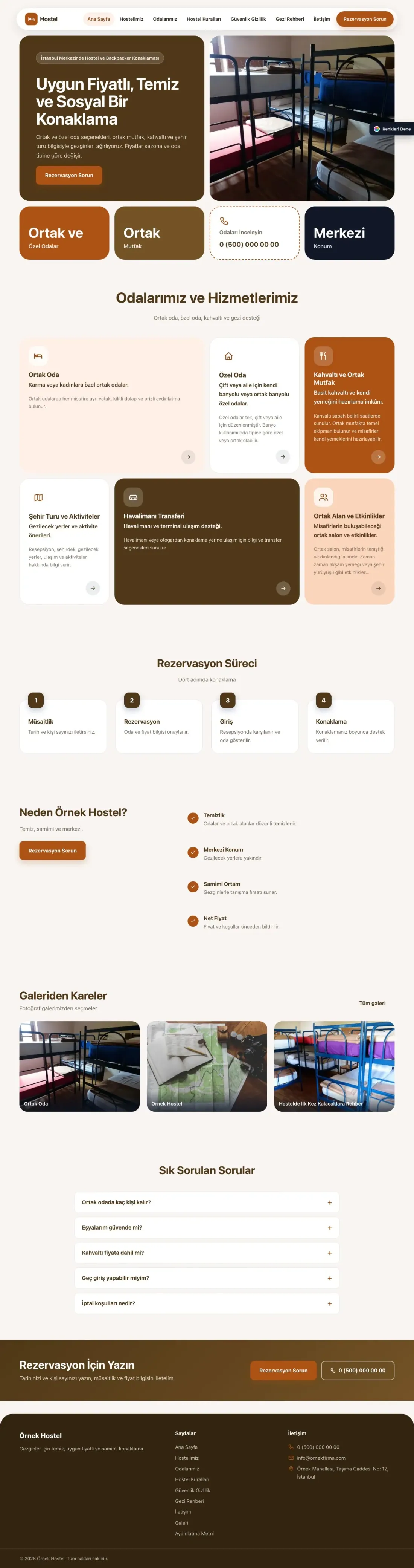 Hostel ve Backpacker için Mozaik Kahve Turuncu – Hostel ve Backpacker Web Sitesi ana sayfa görünümü