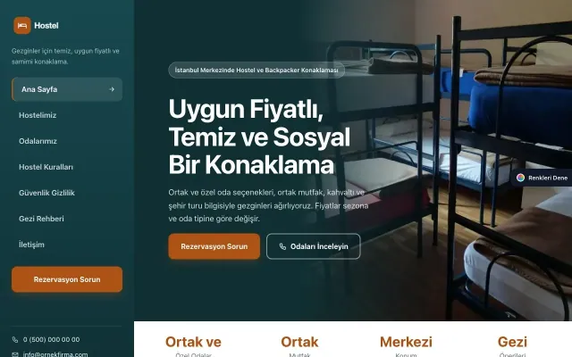 Hostel ve Backpacker için Sol Menü Petrol Turuncu – Hostel ve Backpacker Web Sitesi ana sayfa görünümü