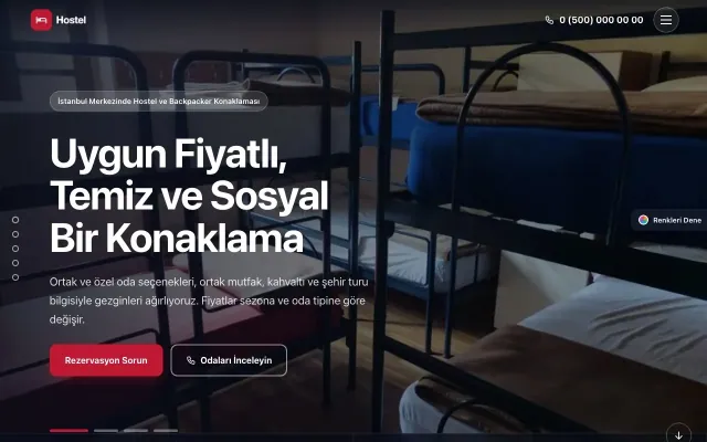Hostel ve Backpacker için Tam Ekran Zeytin Kırmızı – Hostel ve Backpacker Web Sitesi ana sayfa görünümü