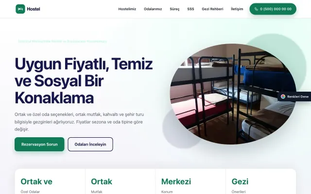 Hostel ve Backpacker için Tek Sayfa Lacivert Turkuaz – Hostel ve Backpacker Web Sitesi ana sayfa görünümü