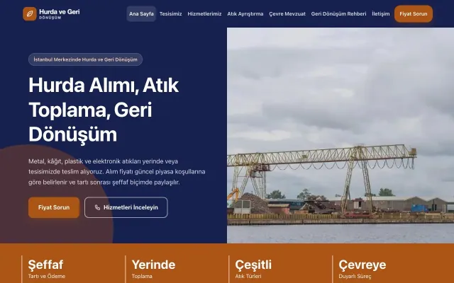 Hurda ve Geri Dönüşüm için Blok Lacivert Turuncu – Hurda ve Geri Dönüşüm Web Sitesi ana sayfa görünümü