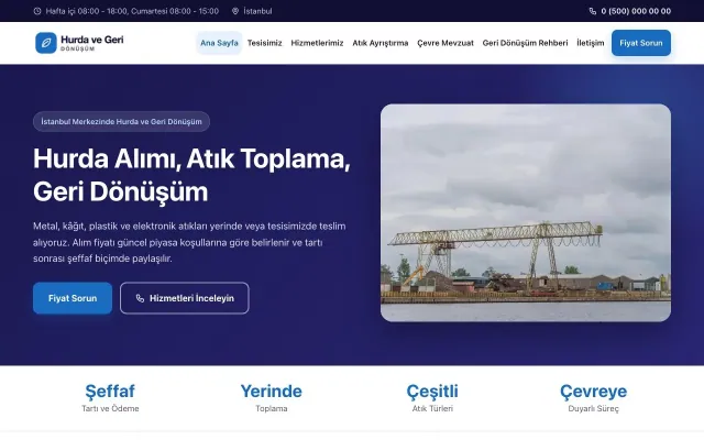 Hurda ve Geri Dönüşüm için Klasik Lacivert Mavi – Hurda ve Geri Dönüşüm Web Sitesi ana sayfa görünümü