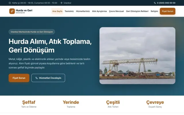 Hurda ve Geri Dönüşüm için Klasik Mavi Turuncu – Hurda ve Geri Dönüşüm Web Sitesi ana sayfa görünümü