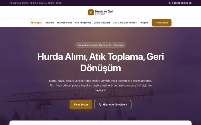 Hurda ve Geri Dönüşüm için Merkez Mor Turuncu – Hurda ve Geri Dönüşüm Web Sitesi ana sayfa görünümü