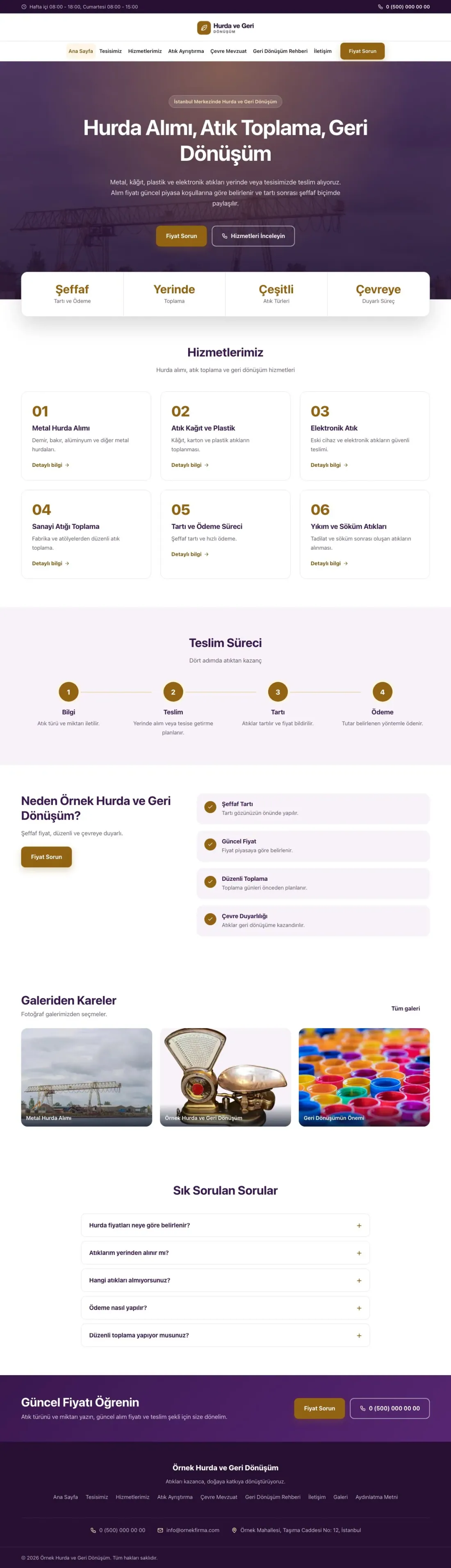 Hurda ve Geri Dönüşüm için Merkez Mor Turuncu – Hurda ve Geri Dönüşüm Web Sitesi ana sayfa görünümü