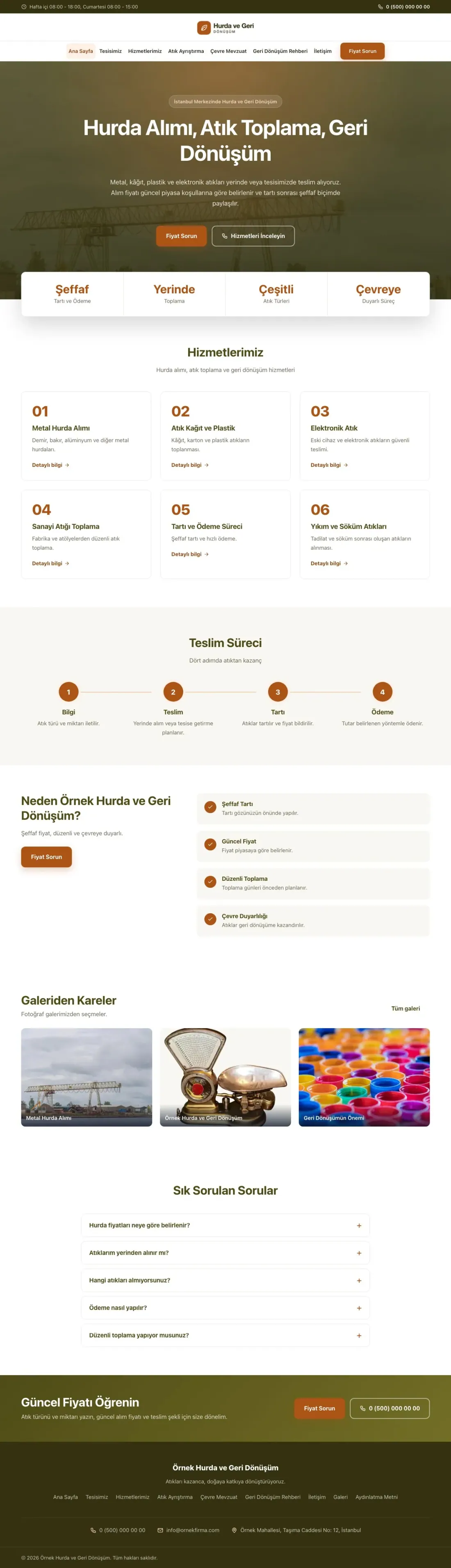Hurda ve Geri Dönüşüm için Merkez Zeytin Turuncu – Hurda ve Geri Dönüşüm Web Sitesi ana sayfa görünümü