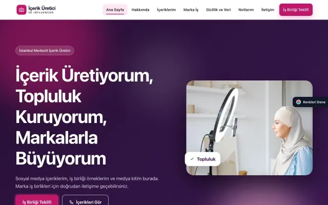 İçerik Üretici ve Influencer için Hareketli Mor Pembe – İçerik Üretici ve Influencer Web Sitesi ana sayfa görünümü