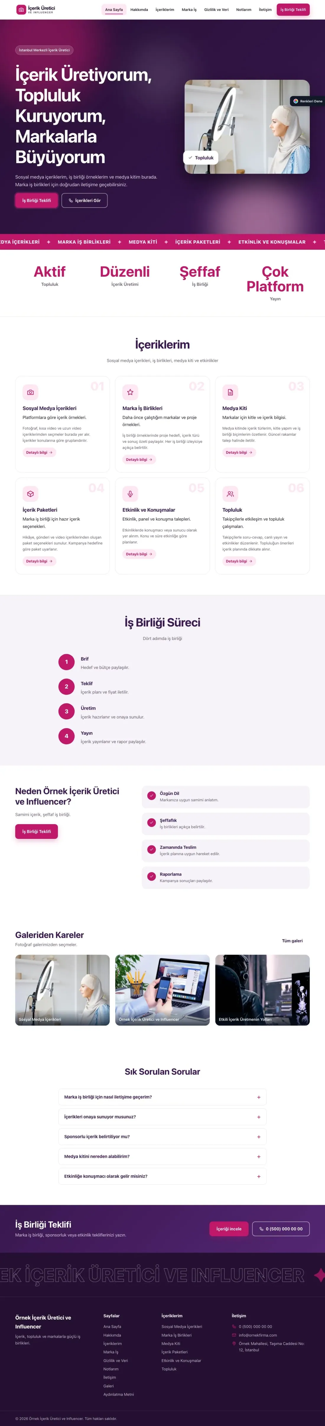 İçerik Üretici ve Influencer için Hareketli Mor Pembe – İçerik Üretici ve Influencer Web Sitesi ana sayfa görünümü
