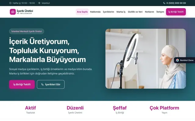 İçerik Üretici ve Influencer için Klasik Petrol Pembe – İçerik Üretici ve Influencer Web Sitesi ana sayfa görünümü