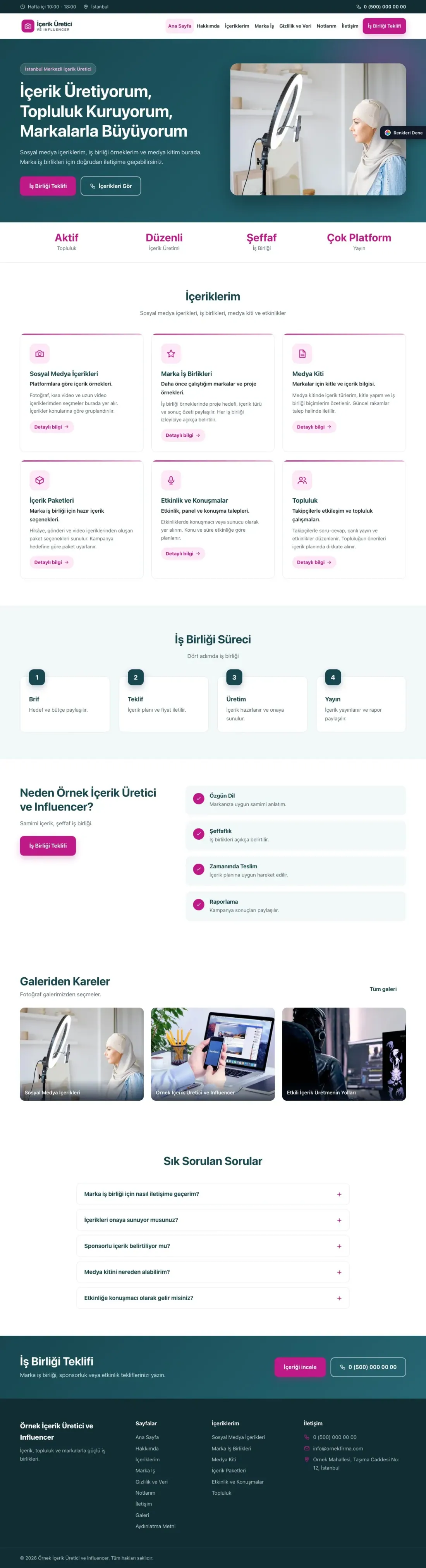 İçerik Üretici ve Influencer için Klasik Petrol Pembe – İçerik Üretici ve Influencer Web Sitesi ana sayfa görünümü