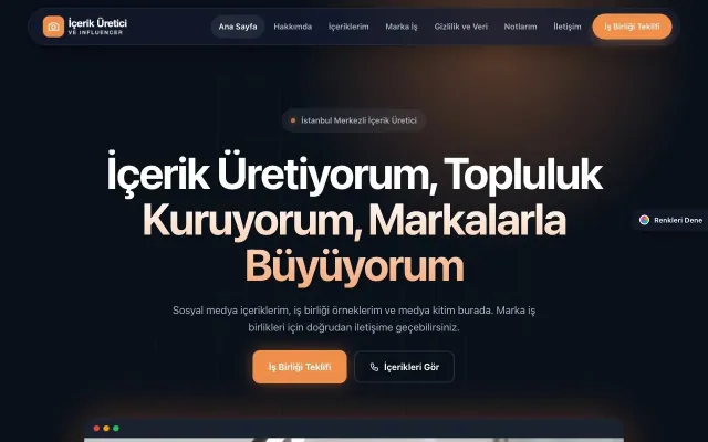 İçerik Üretici ve Influencer için Koyu Modern Mavi Turuncu – İçerik Üretici ve Influencer Web Sitesi ana sayfa görünümü