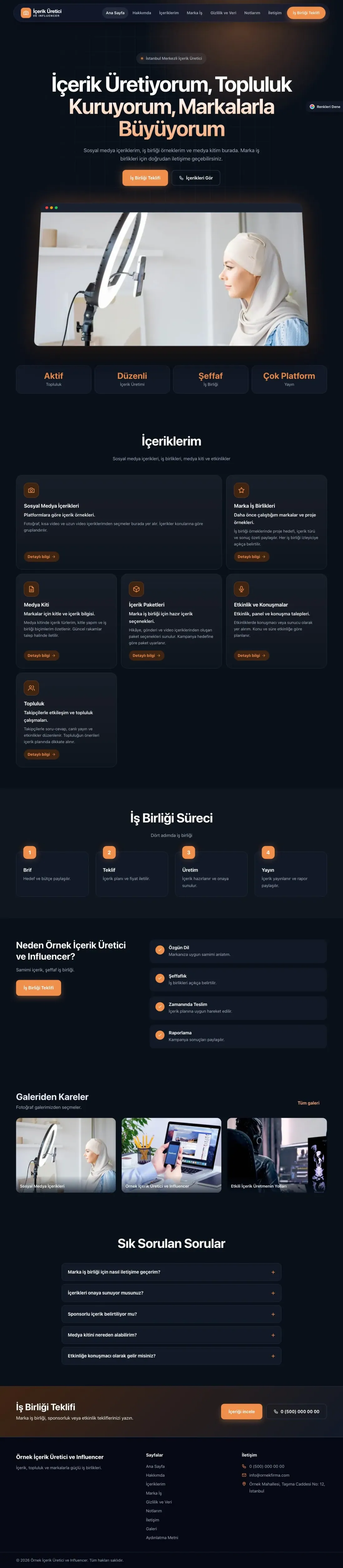 İçerik Üretici ve Influencer için Koyu Modern Mavi Turuncu – İçerik Üretici ve Influencer Web Sitesi ana sayfa görünümü
