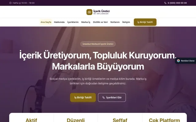 İçerik Üretici ve Influencer için Merkez Mor Amber – İçerik Üretici ve Influencer Web Sitesi ana sayfa görünümü