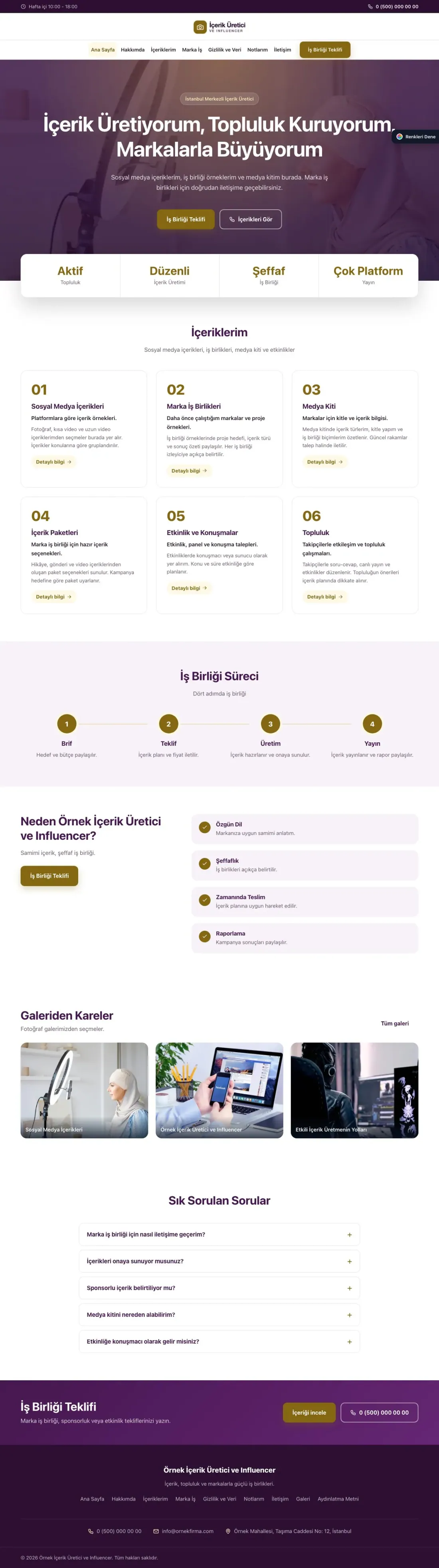 İçerik Üretici ve Influencer için Merkez Mor Amber – İçerik Üretici ve Influencer Web Sitesi ana sayfa görünümü